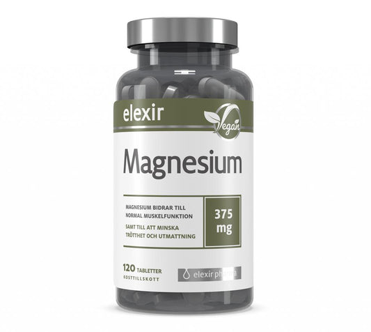 Tillskottet Magnesium från Elexir Pharma. Innehåller 120 tabletter.